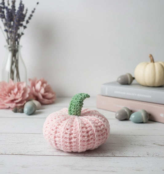 Handmade Pink Crochet Pumpkin with Green Stem,Cute Crochet Pumpkin Decor - Pink & Green, Pink Crochet Pumpkin with Green Stem Amigurumi