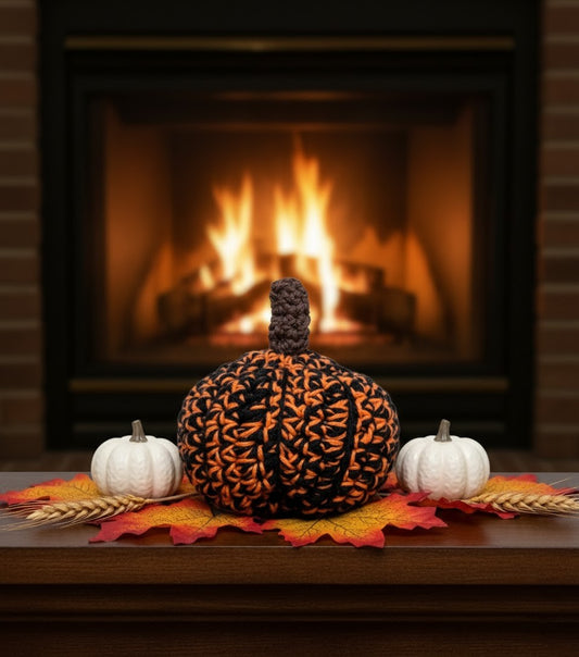 Spooky Cute Crochet Pumpkin: Black & Orange Jack-o'-Lantern, Handmade Black and Orange Halloween Crochet Pumpkin, Jack-o'-Lantern Crochet Decor with Brown Stem