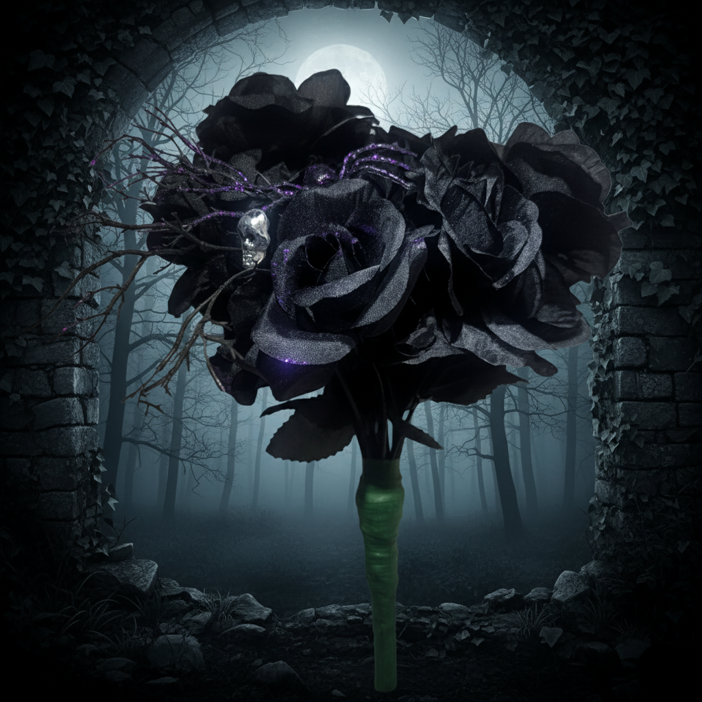 Gothic Black Rose Bouquet with Skull & Spider | Halloween & Dark Decor, black wedding, gothic home decor,home decor
