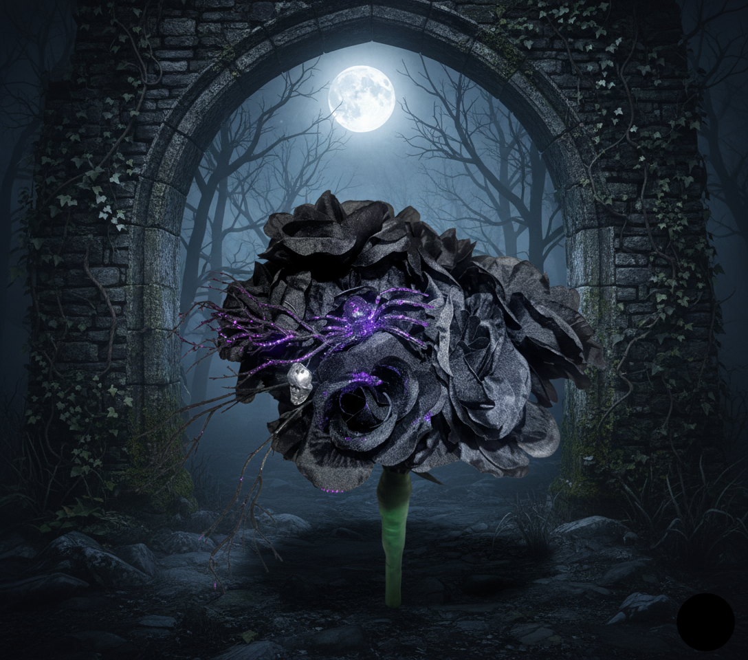 Gothic Black Rose Bouquet with Skull & Spider | Halloween & Dark Decor, black wedding, gothic home decor,home decor