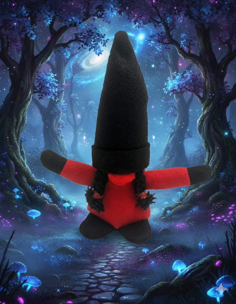 Red and Black Felt Gnome with Braided Yarn Hair, Handmade Felt Gnome with Braided Hair,The Braided Gnome: Red & Black Felt Figurine