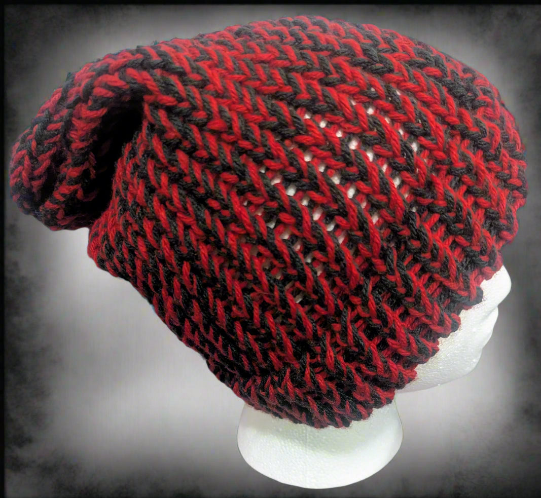 Red & Black Knit Beanie - Bold Two-Tone Winter Hat