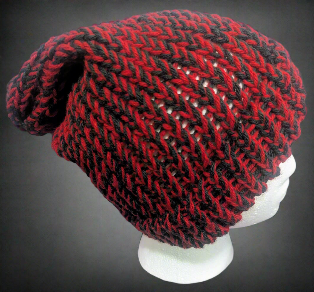 Red & Black Knit Beanie - Bold Two-Tone Winter Hat