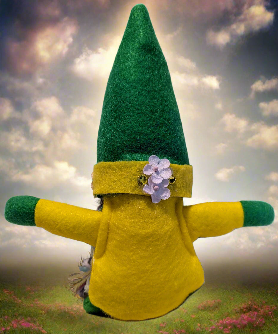 Cheerful Yellow and Green Gnome, Whimsical Yellow and Green Gnome with Colorful Yarn Hair, Handcrafted Yellow and Green Gnome,