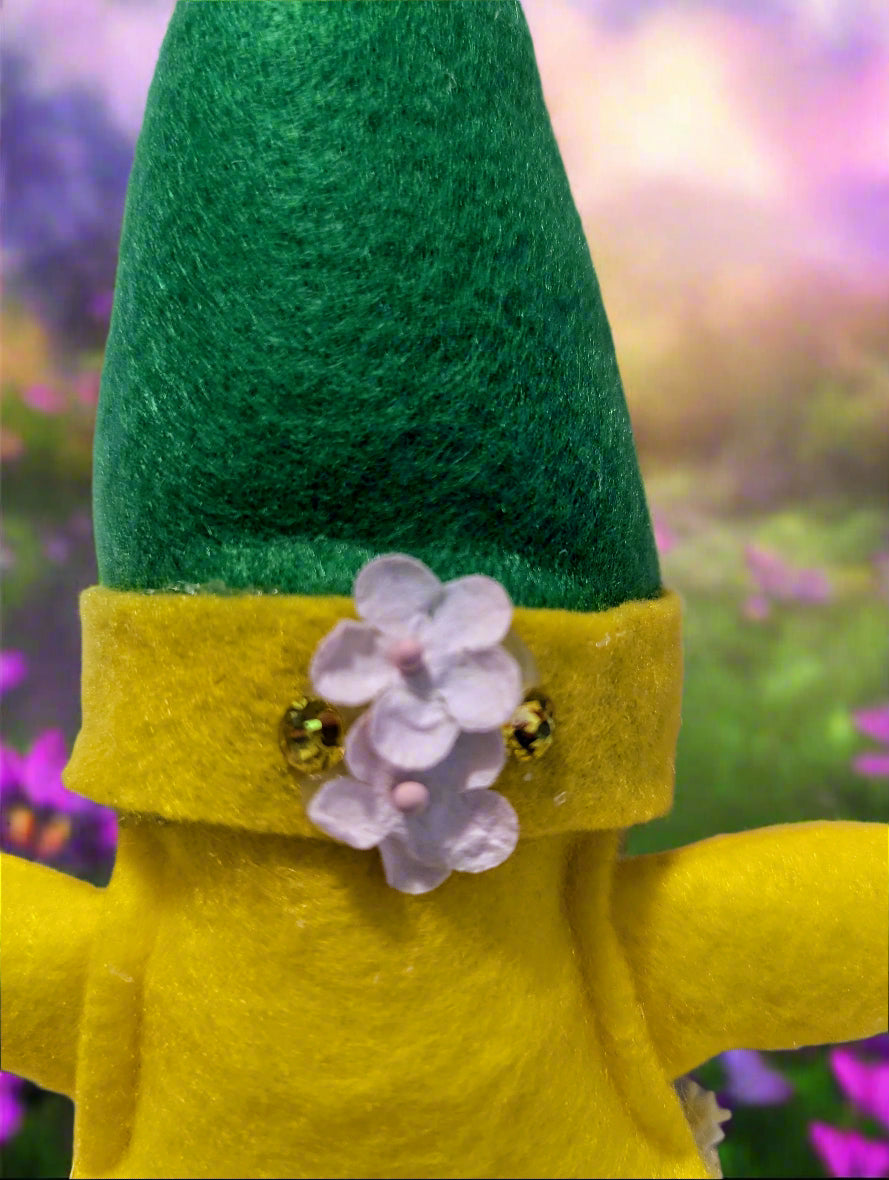 Cheerful Yellow and Green Gnome, Whimsical Yellow and Green Gnome with Colorful Yarn Hair, Handcrafted Yellow and Green Gnome,