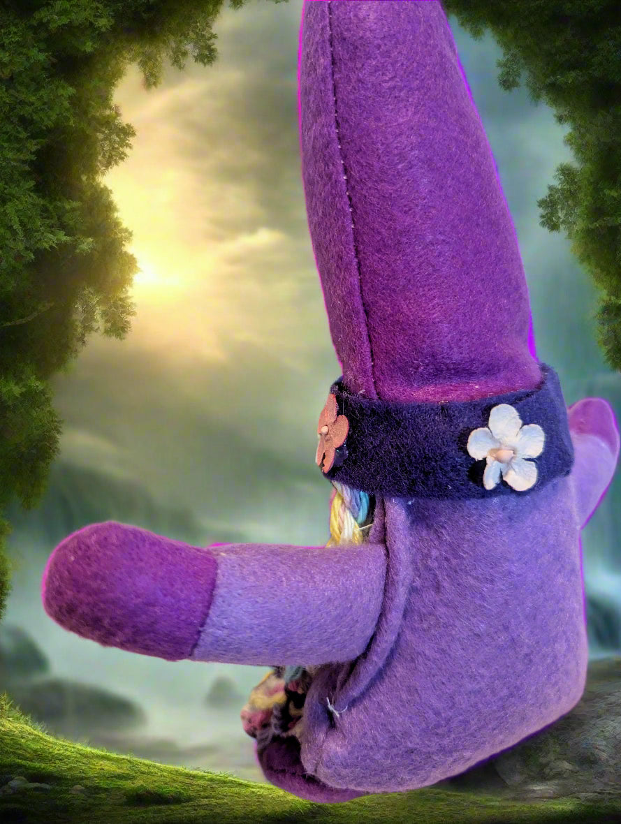Enchanting Purple Gnome with Colorful Yarn Hair, Whimsical Handcrafted Purple Gnome,Magical Purple Gnome Figurine