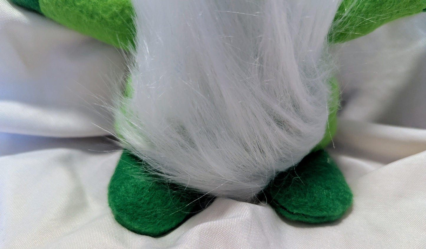 Enchanting Green Gnome with White Fur Beard, Whimsical Green Gnome with Flower Embellishment, Handcrafted Forest Green Gnome
