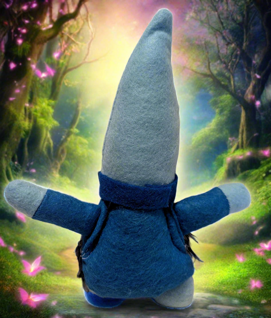 Enchanting Blue Gnome with Fluffy Fur Beard, Handmade Blue Gnome with Flower Embellishment, Whimsical Ocean Blue Gnome