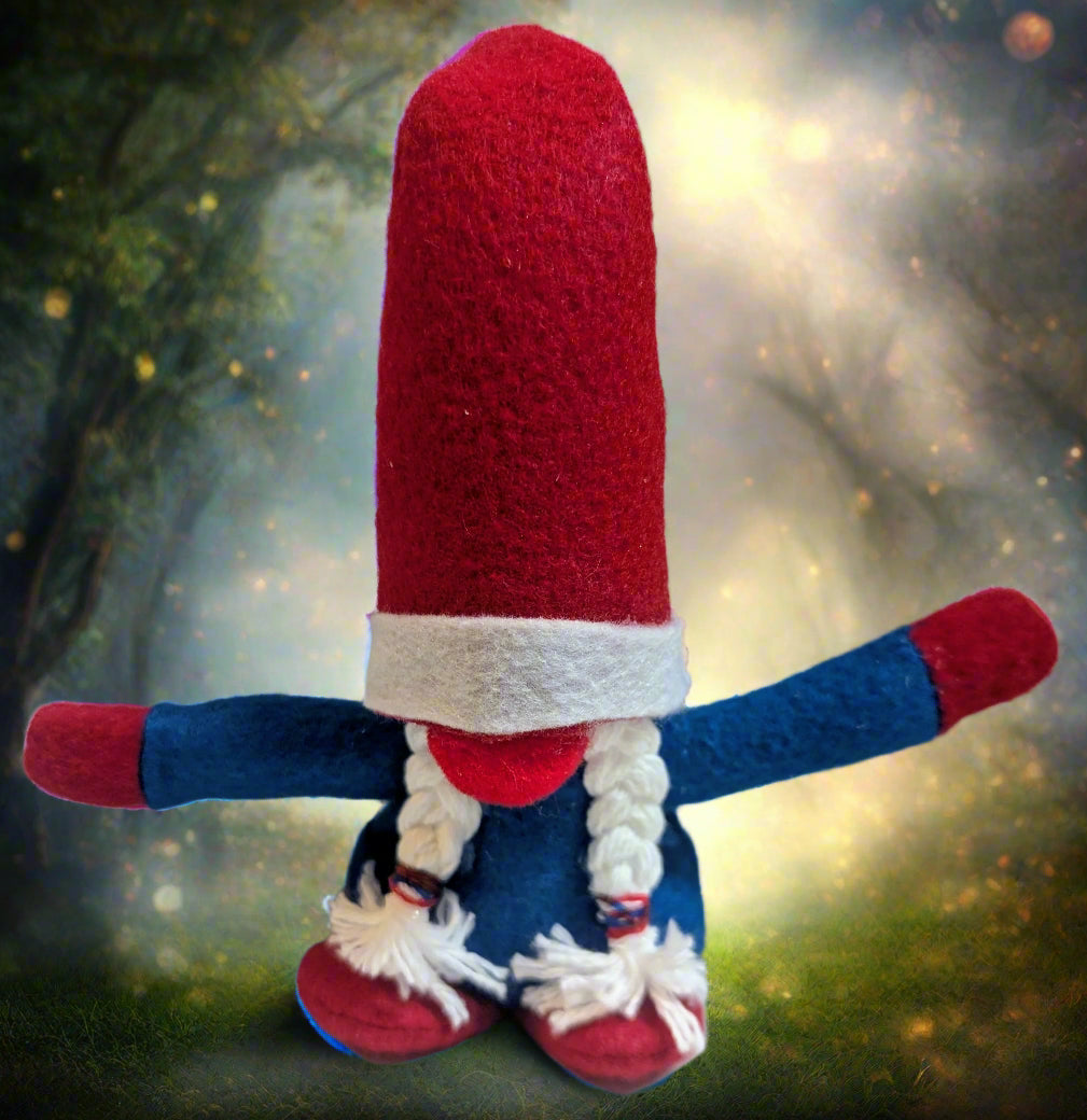 Patriotic Red, White, Blue, Gnome | Handmade Red, White & Blue Decor with Braided Yarn Hair