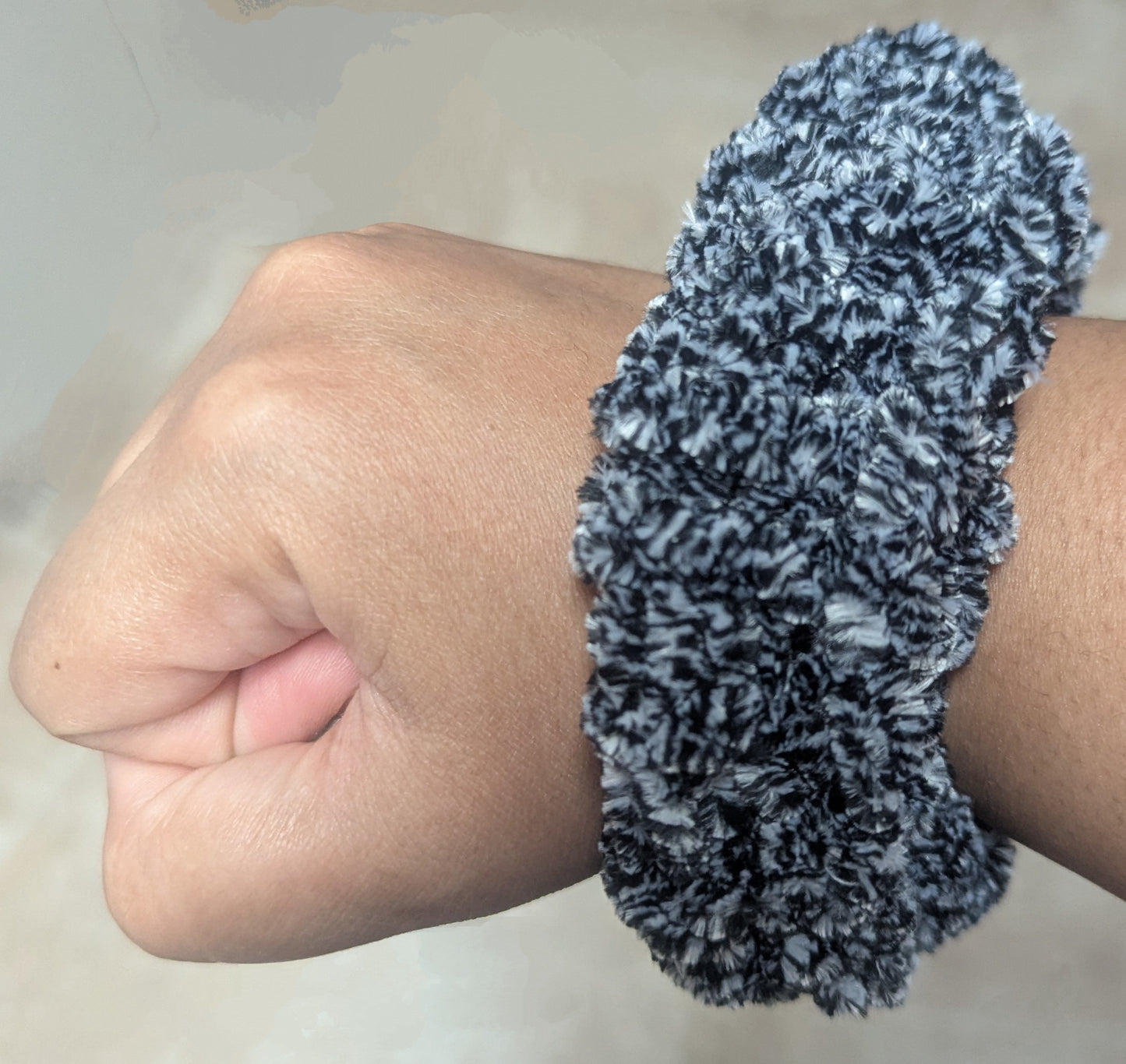 Black, Gray & White Chenille Knit Scrunchie, Handmade Neutral-Tone Chenille Scrunchie,The Monochrome Knit Scrunchie, Soft & Fluffy Black, Gray, and White Hair Tie