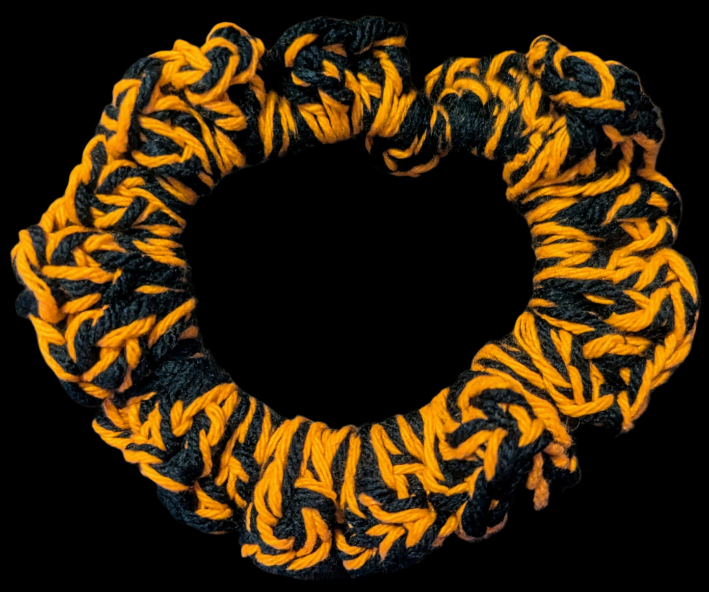 Black & Orange Crochet Scrunchie, Primary & Direct: Black and Orange Crochet Scrunchie, Spooky Season Crochet Scrunchie, Black & Orange, Handmade Halloween Crochet Scrunchie, The Midnight Pumpkin Crochet Scrunchie