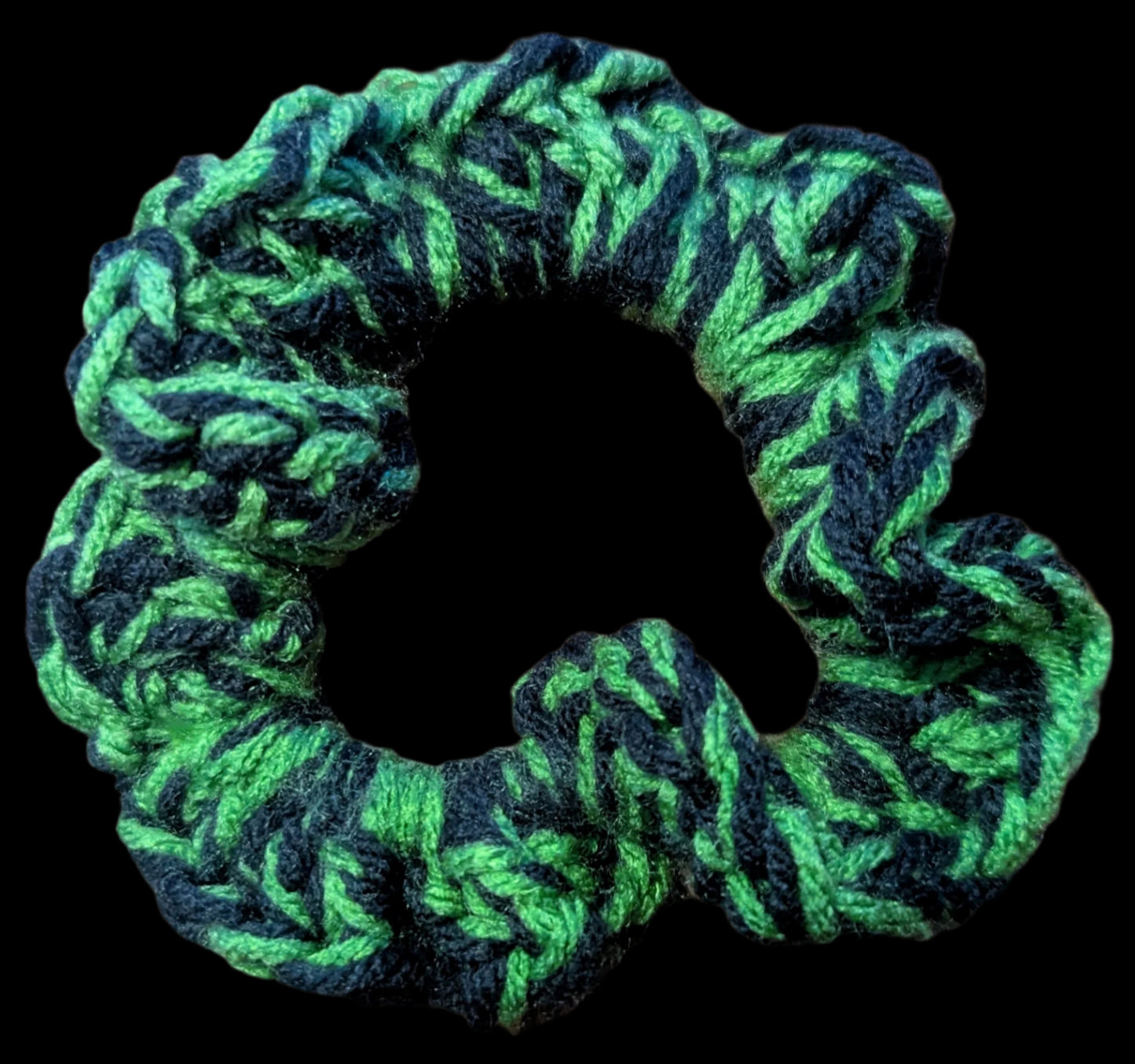 Green & Black Crochet Scrunchie, Green & Black Crochet Scrunchie,The Forest Queen Crochet Scrunchie, Green & Black, Handmade Green & Black Two-Tone Scrunchie, Boho Green & Black Crochet Hair Scrunchie
