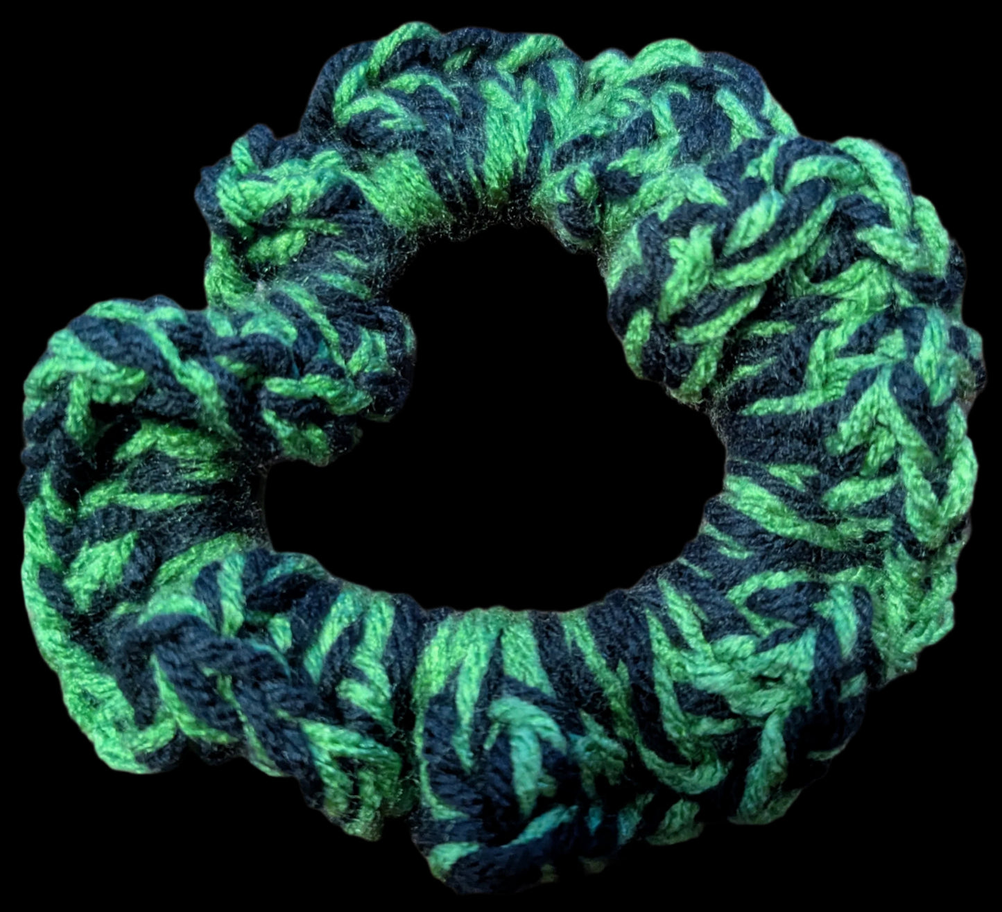 Green & Black Crochet Scrunchie, Green & Black Crochet Scrunchie,The Forest Queen Crochet Scrunchie, Green & Black, Handmade Green & Black Two-Tone Scrunchie, Boho Green & Black Crochet Hair Scrunchie