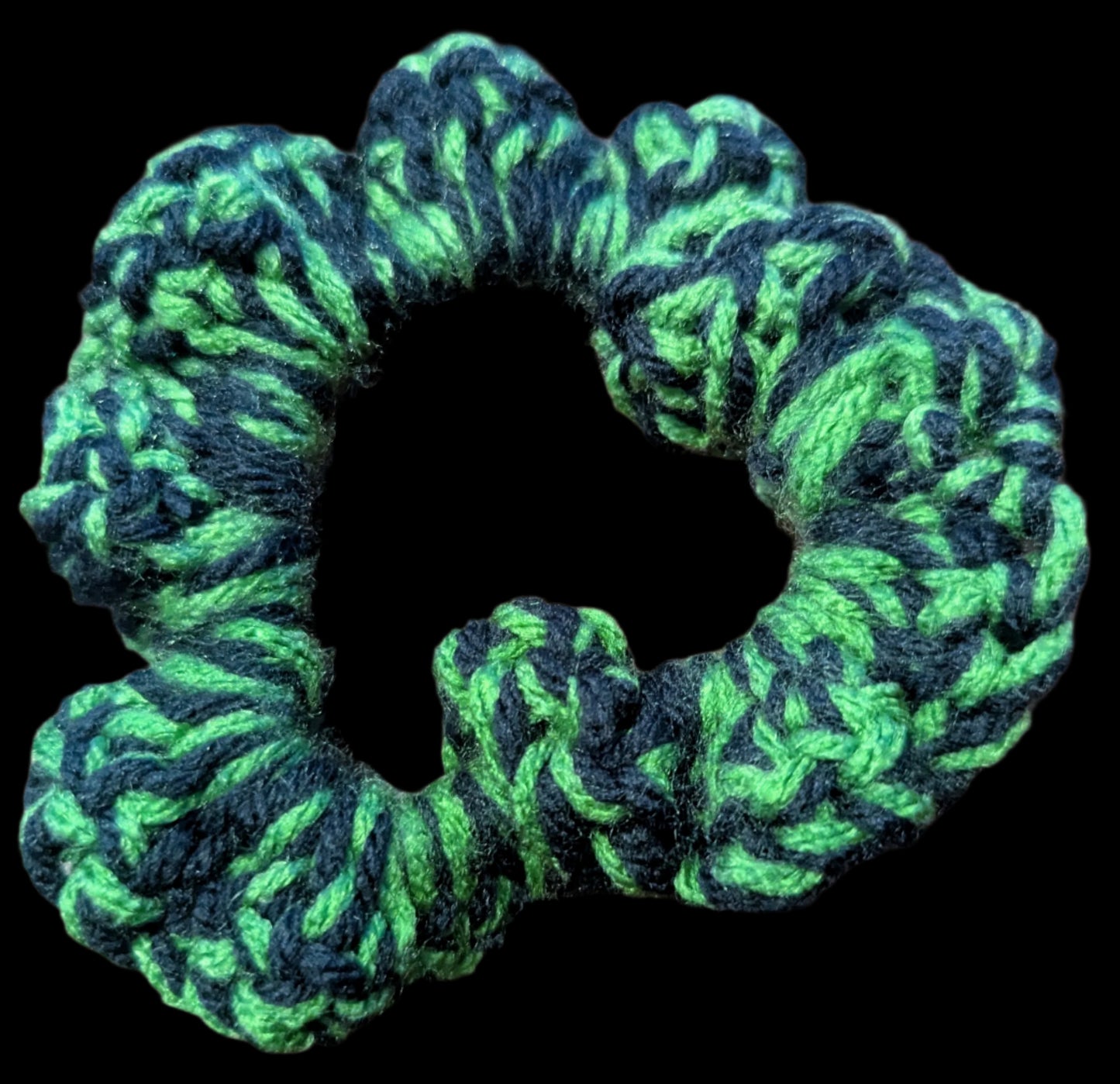Green & Black Crochet Scrunchie, Green & Black Crochet Scrunchie,The Forest Queen Crochet Scrunchie, Green & Black, Handmade Green & Black Two-Tone Scrunchie, Boho Green & Black Crochet Hair Scrunchie
