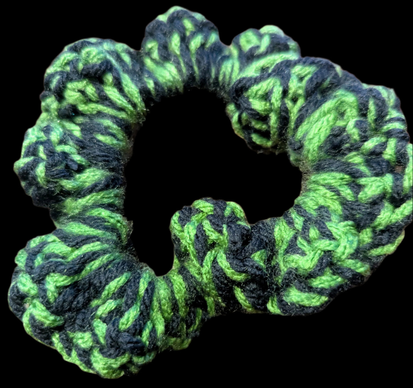 Green & Black Crochet Scrunchie, Green & Black Crochet Scrunchie,The Forest Queen Crochet Scrunchie, Green & Black, Handmade Green & Black Two-Tone Scrunchie, Boho Green & Black Crochet Hair Scrunchie