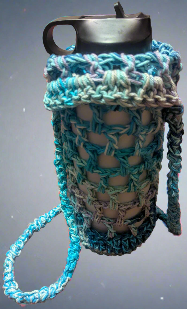 Crochet Blue, Purple & White Water Bottle Holder,Handmade Blue and Purple Water Bottle Carrier,Boho-Style Crochet Bottle Holder
