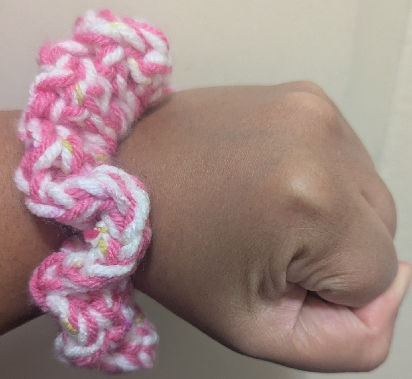 Multi-Color Crochet Scrunchie, Pink, White, & Green Crochet Hair Scrunchie, Handmade Boho Crochet Scrunchie, Multi-Color Hair Tie, Pink White Green Crochet Scrunchie, Handmade Hair Accessory for Women, Men, Teen, Unisex