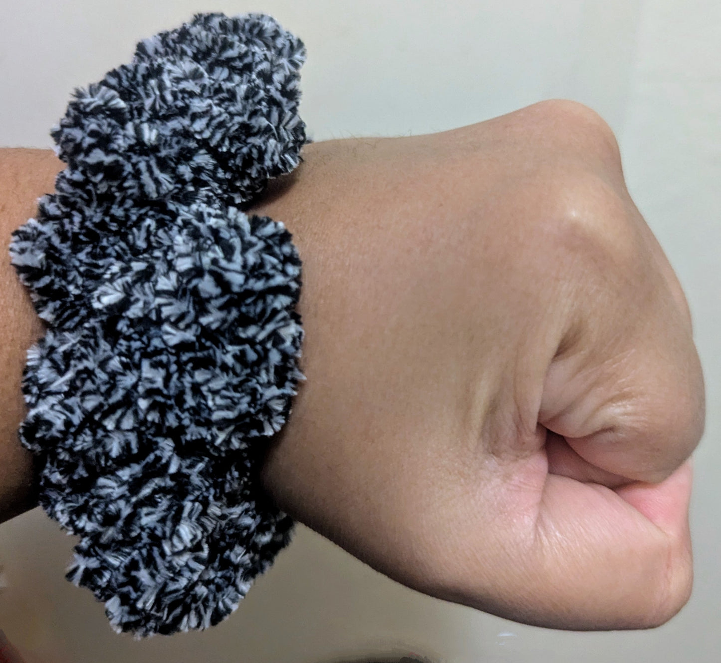 Black, Gray & White Chenille Crochet Scrunchie, Handmade Black & Gray Chenille Scrunchie, Cozy Chenille Crochet Scrunchie, Black, Gray, & White, Neutral Two-Tone Crochet Scrunchie Black & Gray,