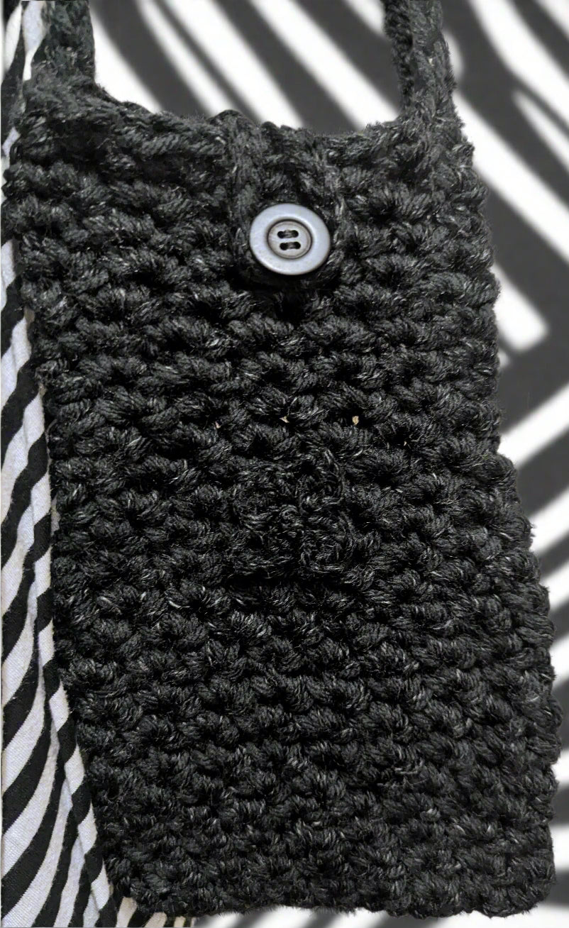 Handcrafted Black Crochet Crossbody Bag,Stylish Black Sling Bag with Button Closure,Unique Handmade Crochet Crossbody Purse
