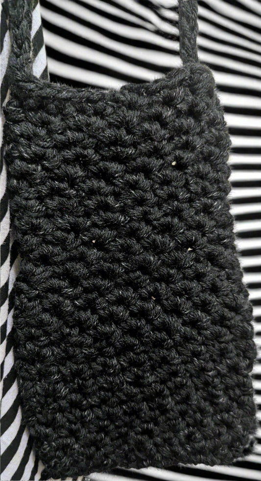 Handcrafted Black Crochet Crossbody Bag,Stylish Black Sling Bag with Button Closure,Unique Handmade Crochet Crossbody Purse