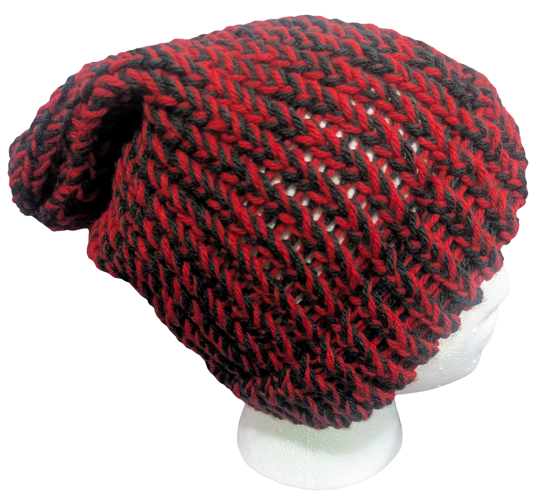 Red & Black Beanie | Unisex Knit Winter Hat | Warm Slouchy Cuffed Beanie