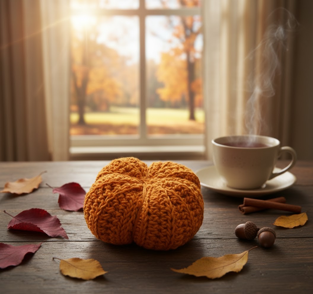 Cozy Half-Double Crochet Pumpkin with Green Stem - Autumn Tabletop Decor