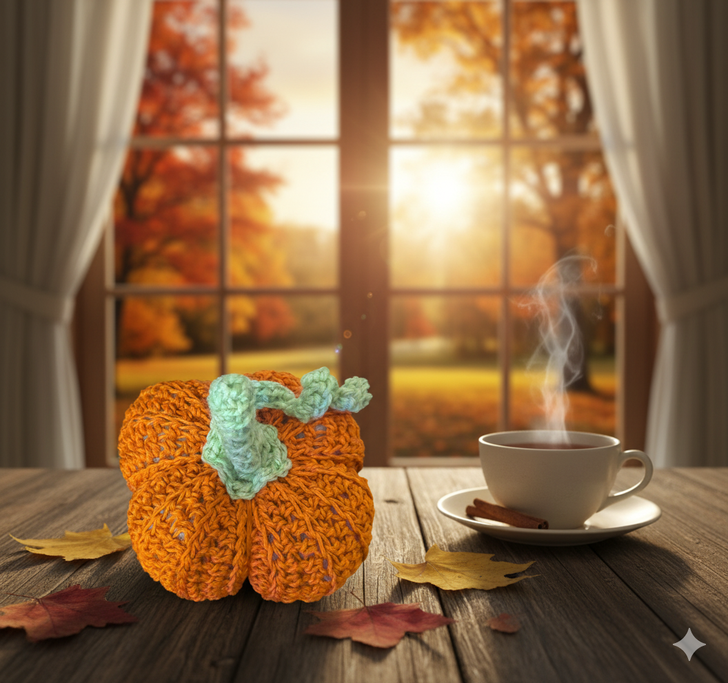 Cozy Half-Double Crochet Pumpkin with Green Stem - Autumn Tabletop Decor
