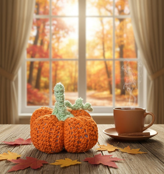 Cozy Half-Double Crochet Pumpkin with Green Stem - Autumn Tabletop Decor