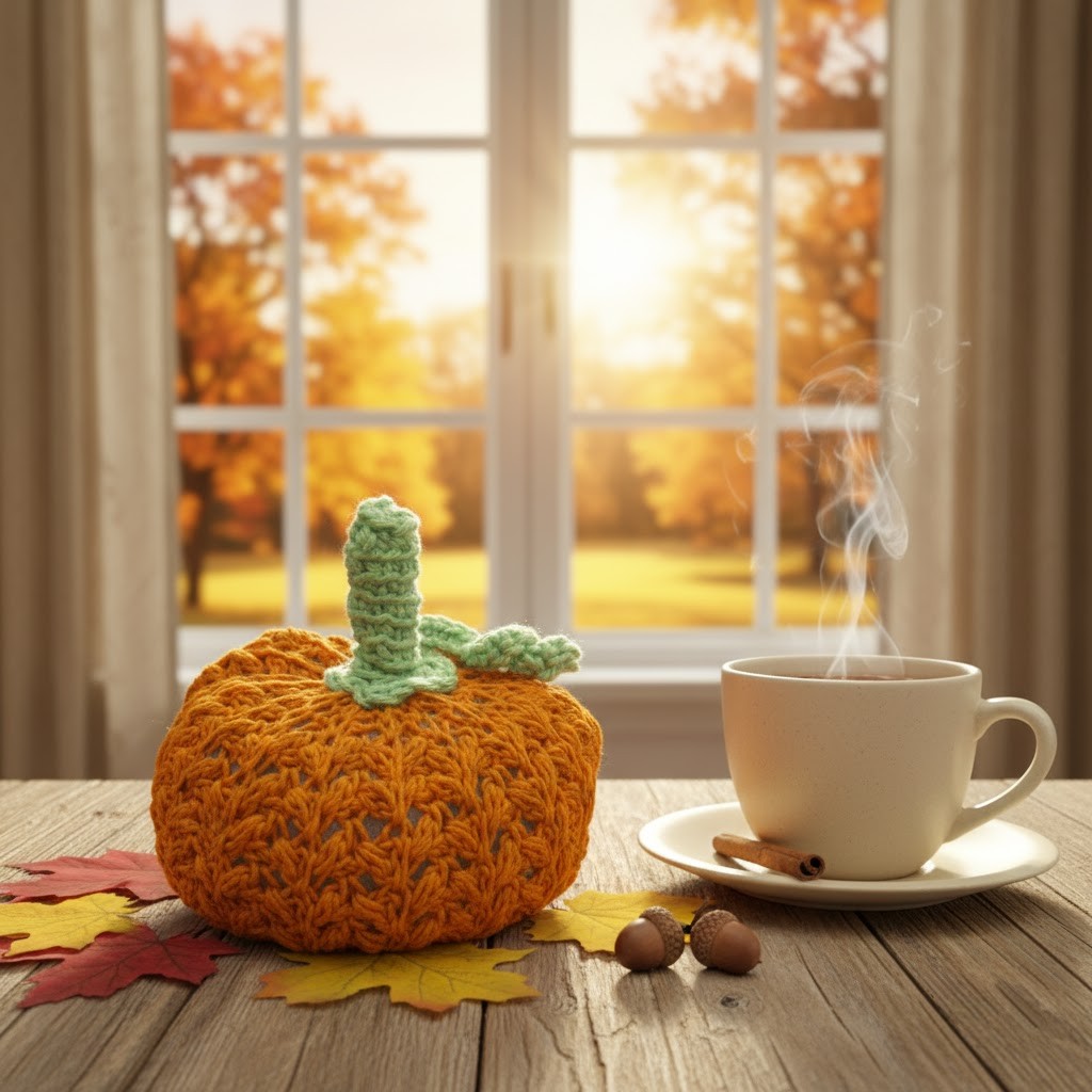 Hand-Crocheted Wheat Stitch Pumpkin with Green Stem - Autumn Home Decor