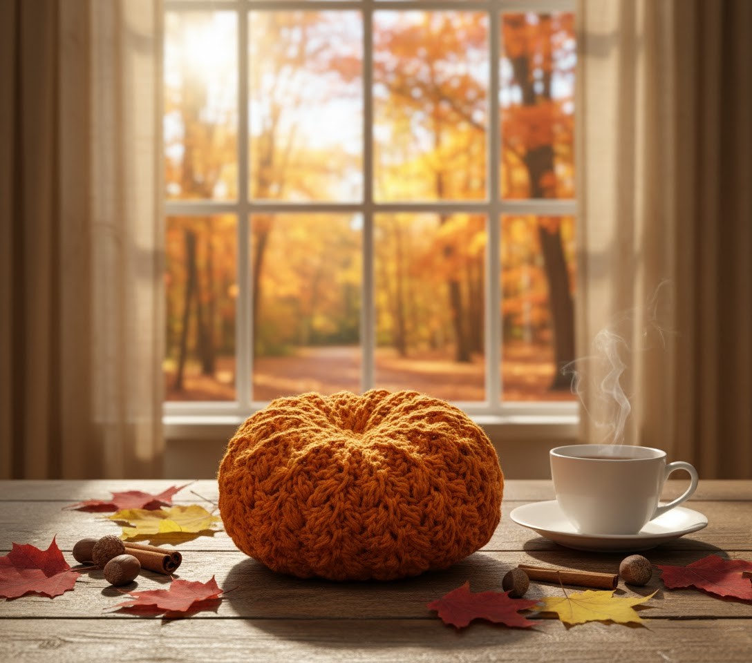 Hand-Crocheted Wheat Stitch Pumpkin with Green Stem - Autumn Home Decor