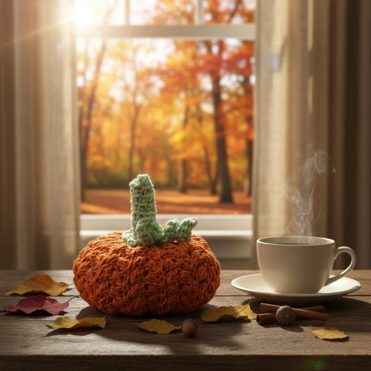 Hand-Crocheted Wheat Stitch Pumpkin with Green Stem - Autumn Home Decor