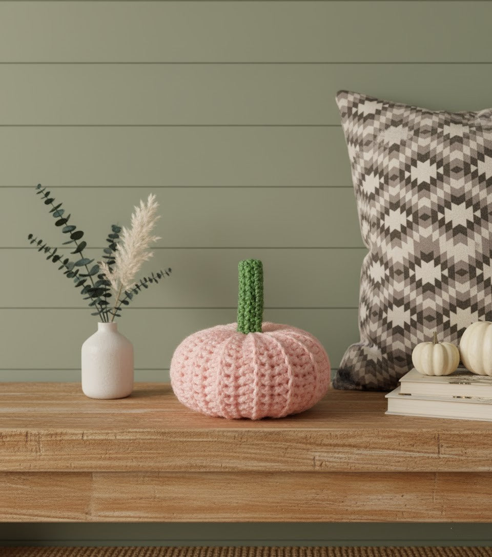 Handmade Pink Crochet Pumpkin with Green Stem,Cute Crochet Pumpkin Decor - Pink & Green, Pink Crochet Pumpkin with Green Stem Amigurumi