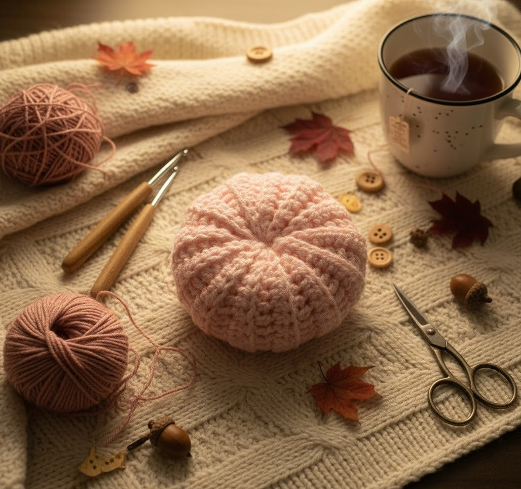 Handmade Pink Crochet Pumpkin with Green Stem,Cute Crochet Pumpkin Decor - Pink & Green, Pink Crochet Pumpkin with Green Stem Amigurumi