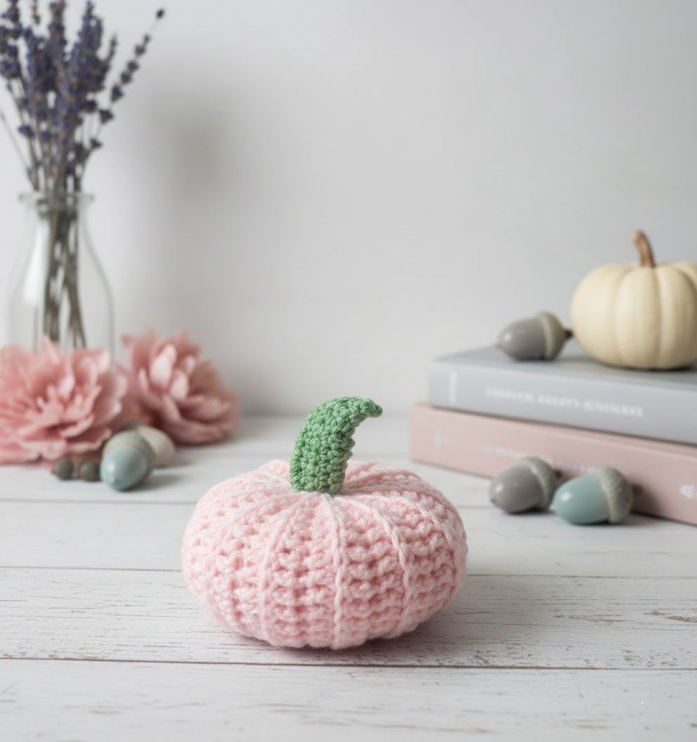Handmade Pink Crochet Pumpkin with Green Stem,Cute Crochet Pumpkin Decor - Pink & Green, Pink Crochet Pumpkin with Green Stem Amigurumi