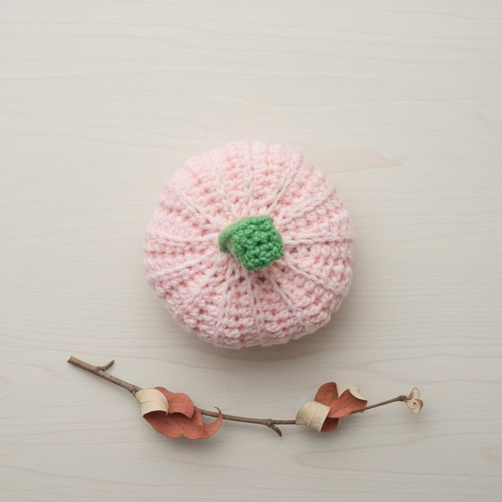 Handmade Pink Crochet Pumpkin with Green Stem,Cute Crochet Pumpkin Decor - Pink & Green, Pink Crochet Pumpkin with Green Stem Amigurumi
