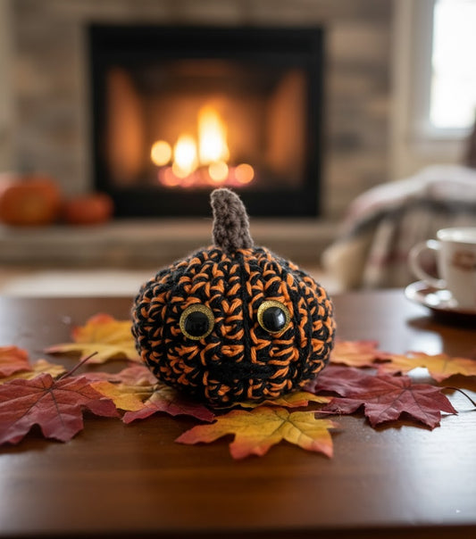 Spooky Cute Crochet Pumpkin: Black & Orange Jack-o'-Lantern,  Handmade Black and Orange Halloween Crochet Pumpkin,  Jack-o'-Lantern Crochet Decor with Brown Stem