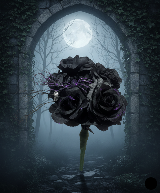 Gothic Black Rose Bouquet with Skull & Spider | Halloween & Dark Decor, black wedding, gothic home decor,home decor