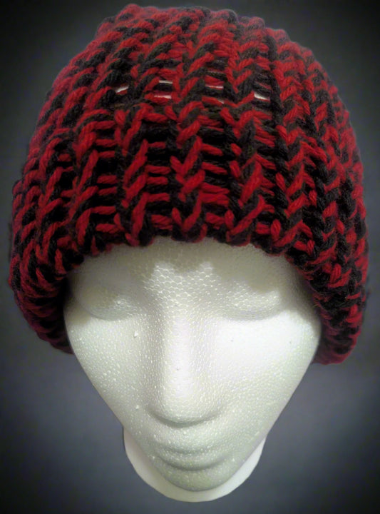 Red & Black Knit Beanie - Bold Two-Tone Winter Hat