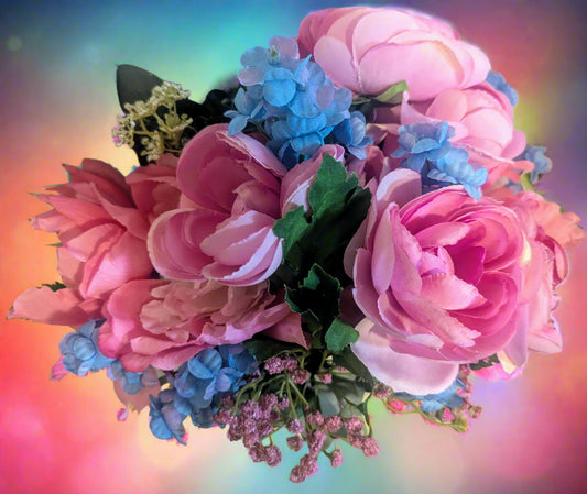 Pink & Blue Ruffle Baby's Breath Wedding Bouquet, home decor