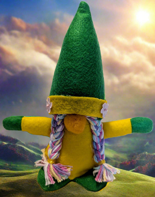 Cheerful Yellow and Green Gnome,  Whimsical Yellow and Green Gnome with Colorful Yarn Hair,  Handcrafted Yellow and Green Gnome,