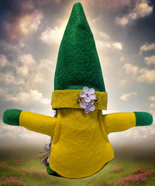 Cheerful Yellow and Green Gnome,  Whimsical Yellow and Green Gnome with Colorful Yarn Hair,  Handcrafted Yellow and Green Gnome,