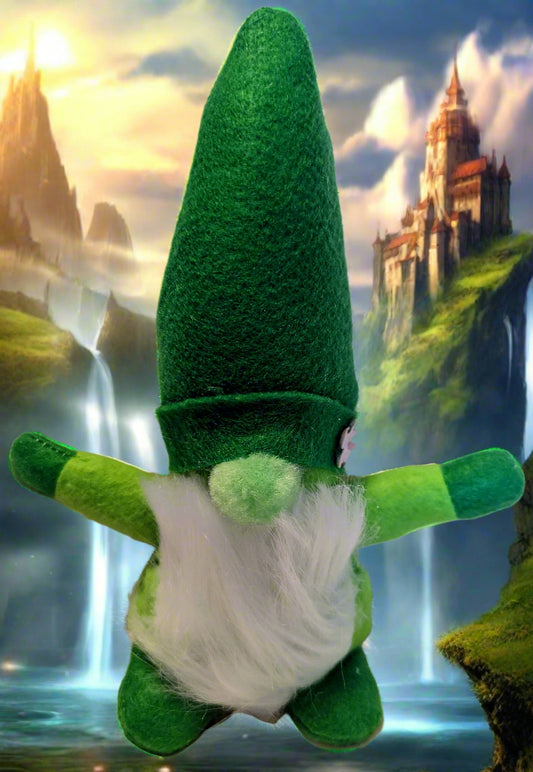 Enchanting Green Gnome with White Fur Beard, Whimsical Green Gnome with Flower Embellishment, Handcrafted Forest Green Gnome