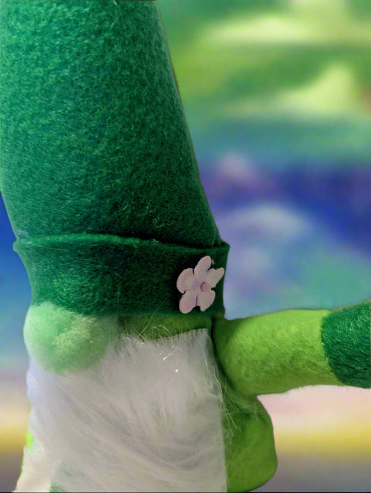 Enchanting Green Gnome with White Fur Beard, Whimsical Green Gnome with Flower Embellishment, Handcrafted Forest Green Gnome