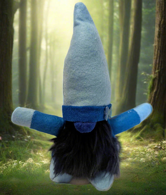Enchanting Blue Gnome with Fluffy Fur Beard,  Handmade Blue Gnome with Flower Embellishment, Whimsical Ocean Blue Gnome