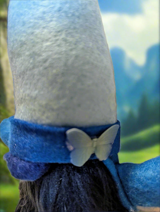 Enchanting Blue Gnome with Fluffy Fur Beard,  Handmade Blue Gnome with Flower Embellishment, Whimsical Ocean Blue Gnome