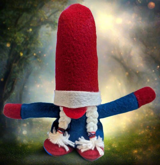 Patriotic Red, White, Blue, Gnome | Handmade Red, White & Blue Decor with Braided Yarn Hair