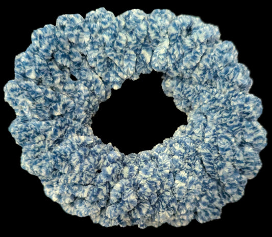 Blue/White Chenille Knit Scrunchie, Blue & White Chenille Knit Scrunchie,  Handmade Blue & White Fluffy Scrunchie, Ocean-Inspired Chenille Knit Scrunchie,  Cozy Two-Tone Chenille Scrunchie,