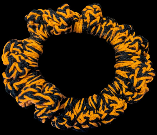 Black & Orange Crochet Scrunchie, Primary & Direct: Black and Orange Crochet Scrunchie, Spooky Season Crochet Scrunchie, Black & Orange, Handmade Halloween Crochet Scrunchie, The Midnight Pumpkin Crochet Scrunchie