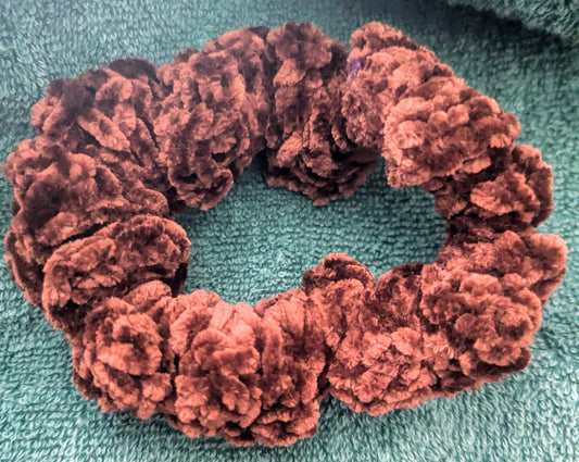 Brown Chenille Crochet Scrunchie, Brown Chenille Crochet Scrunchie, Handmade Brown Fluffy Scrunchie, Cozy Brown Chenille Hair Tie, Neutral-Tone Chenille Scrunchie