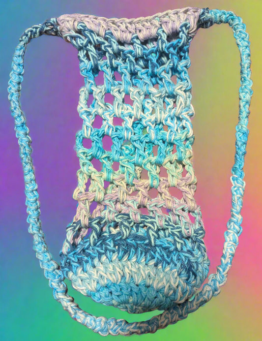 Crochet Blue, Purple & White Water Bottle Holder,Handmade Blue and Purple Water Bottle Carrier,Boho-Style Crochet Bottle Holder